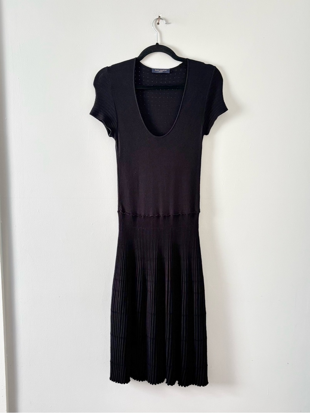 Piazza Sempione Crochet Open Knit Midi Dress Short Sleeve Scoop Neck Black